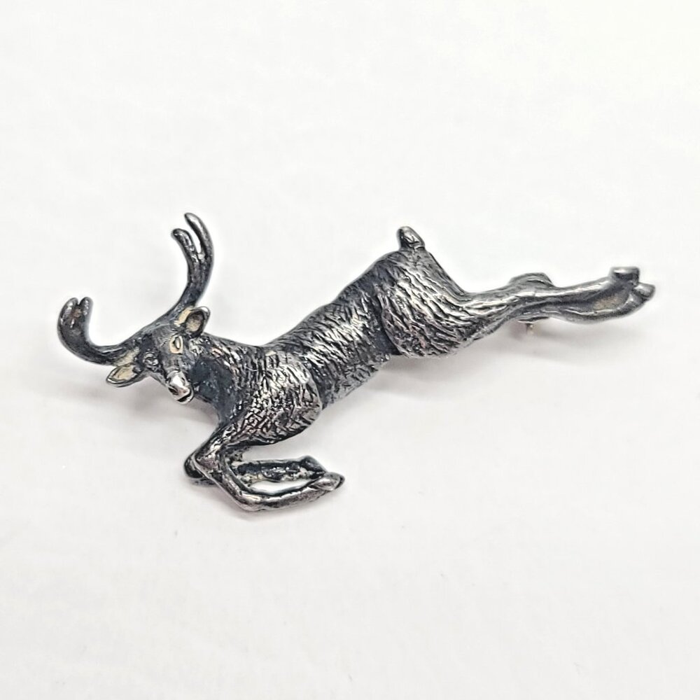 Sterling silver 925 3D deer/ stag/ buck brooch pin sculptural animal wildlife